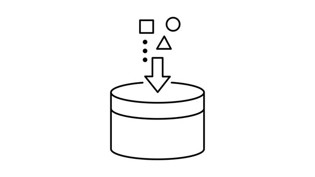 Data Ingestion and Processing Minimalist Black Line Vector Icon with Editable Stroke. Features an Arrow Feeding Geometric Shapes into a Database Cylinder for Storage on a White Background.