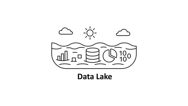 Data Lake Concept Vector Illustration with Editable Stroke. Minimalist black line icon of a body of water containing database, bar chart, pie chart, and binary code symbols for big data storage.