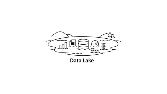 Data Lake Concept Minimalist Black Line Vector Icon Illustration on White Background with Editable Stroke, Featuring Charts, Database, and Binary Code in a Scenic Lake Landscape.