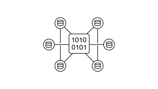 Data Mesh and Decentralized Network Architecture Vector Icon Illustration with Editable Stroke. Minimalist Black Line Art Representing Big Data, Cloud Computing, and Binary Processing Nodes on White.