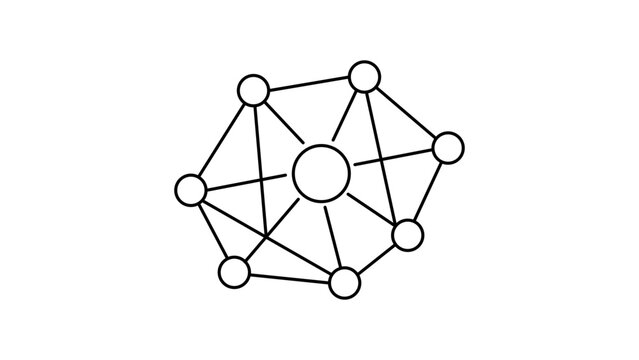 Decentralized Network and Data Mesh Connectivity Concept, Minimalist Black Line Vector Icon on White Background, Scalable Illustration with Editable Stroke for Modern Technology and Digital.