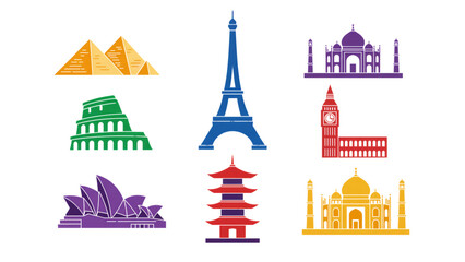 Obraz premium Famous landmarks illustrated in colorful, minimal style 