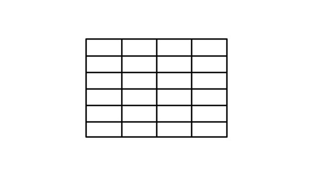 Spreadsheet Grid and Data Table Minimalist Black Line Vector Icon on White Background, Featuring a Clean Layout of Cells with Editable Stroke for Business, Finance, and Organization Projects.
