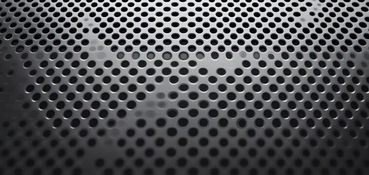 close-up of perforated metallic surface with repeating circular holes and soft reflections, evoking sleek industrial minimalism
