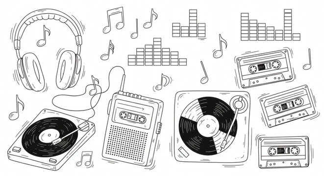 Set of playful hand drawn music listening illustrations. Doodle drawings of retro headphones, portable cassette players, vinyl records, music notes, equalizer bars, and audio cassettes. Line art 