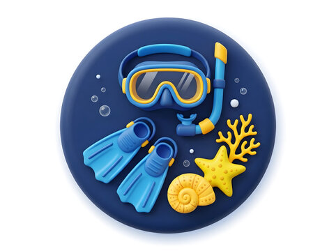 3D scuba diving gear and marine life icon set with snorkeling