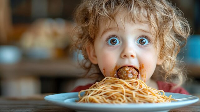 young curly-haired child eagerly leaning toward a plate of spaghetti on a wooden table in a warm cozy kitchen, playful anticipation