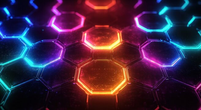 glowing neon hexagonal honeycomb grid on reflective surface in vibrant blue magenta and orange, futuristic energetic digital pattern