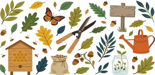 Autumn gardening and nature conservation vector set with beehive autumn leaves butterfly and organic garden tools. © MST HASMOTARA