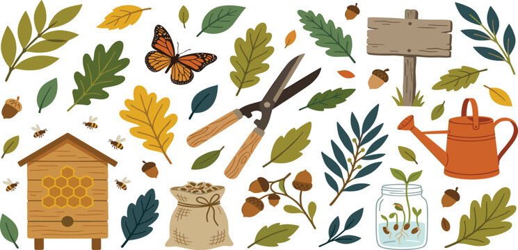 Autumn gardening and nature conservation vector set with beehive autumn leaves butterfly and organic garden tools.