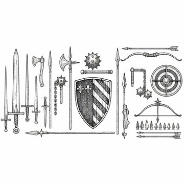 Medieval warriors display various weapons and armor in a historic setting with shield, sword, bow, arrow, and axe.