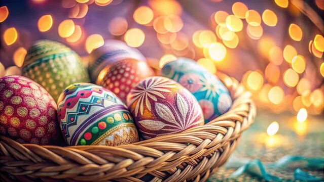 A photo of colorful Easter eggs in a woven basket with intricate patterns and pastel hues