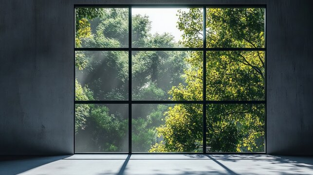 large grid window framing sunlit green trees outside an empty concrete room with soft sunbeams and cool shadows, creating a calm peaceful morning atmosphere