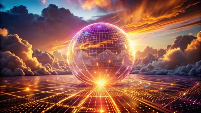 A photo of a neonpink data transfer sphere hovering above a metallic grid, surrounded by swirling clouds of digital code in shades of orange and purp