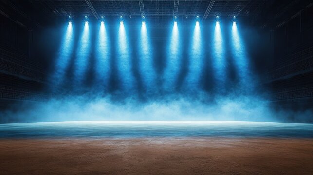 Empty theater stage with wooden floor and a row of bright blue spotlights cutting through fog, dark auditorium and dramatic anticipatory atmosphere