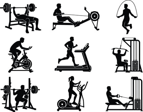 Set of silhouettes of people exercising and working out in a gym on weight machines and cardio equipment for fitness and healthy lifestyle concepts