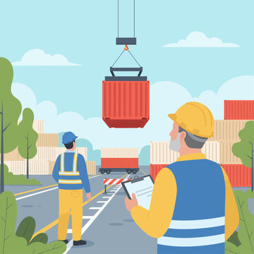 Workers operate crane lifting container on road at construction site with checklist