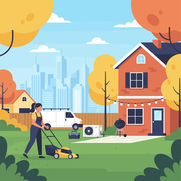 Man mowing lawn in front of suburban house with city skyline
