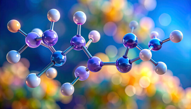 DHA分子をイメージしたカラフルな3Dサイエンスビジュアル、先端科学・研究・美容成分を表現した抽象背景 Colorful 3D science visual inspired by a DHA molecule, abstract background expressing advanced science, research and beauty ingredients