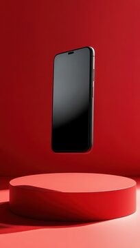 sleek black smartphone levitating above a round red pedestal in a minimalist studio setting, evoking modern elegance and futuristic calm