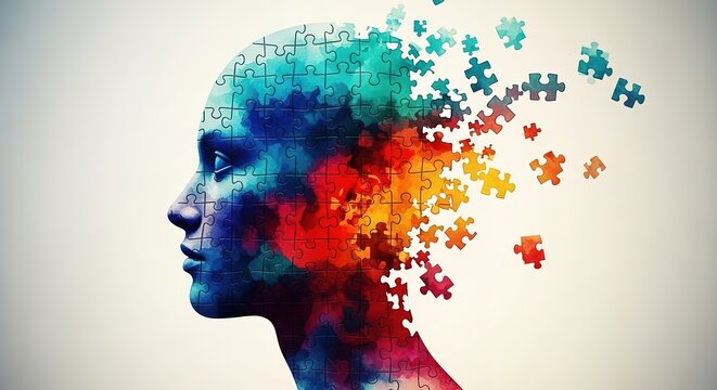 Puzzle pieces coming out of a human head representing mental health and confusion  brain teaser concept with a colorful jigsaw puzzle