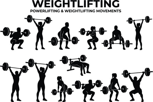 Set of weightlifting and powerlifting silhouettes showing gym exercises with barbells for fitness training