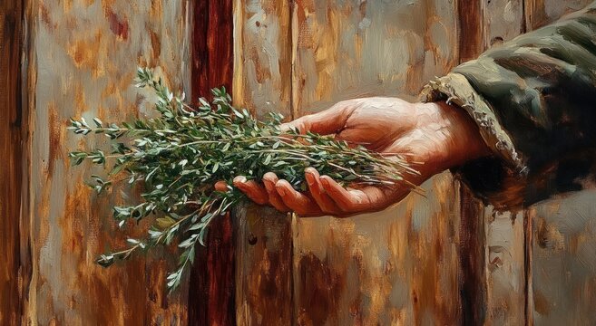 Weathered hand gently offering fresh thyme sprigs against a rustic wooden door, evoking warmth and quiet humility