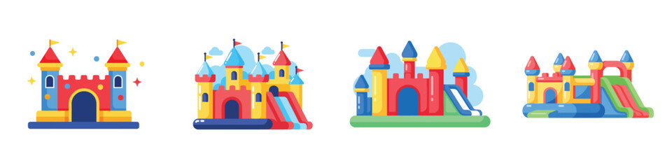 Vibrant collection of cartoon-style inflatable bouncy castles featuring slides and turrets, perfect for children's parties, outdoor fun, and recreational events © Haris Lost