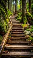 Obraz premium A photo of wooden stairs leading up a mountain slope, weathered and rugged, with mosscovered stones and dense forest in the background
