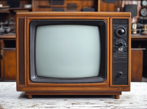 retro wooden cabinet television with rounded crt screen, control dials and speaker grille on a worn white table, warm nostalgic mood