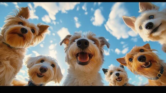 six happy mixed-breed dogs leaning over the camera, smiling and curious under a bright blue sky with fluffy clouds