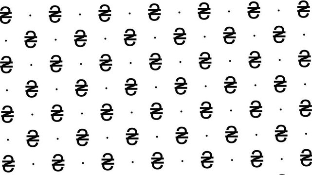 Animated Seamless Pattern Of Ukrainian Hryvnia Currency Symbols And Dots With Vortex Animation On A White Background, Seamless Loop, 4K Horizontal Video