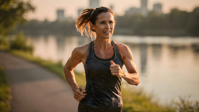 Woman running on path by water, female athlete jogging along river or lake shore for healthy lifestyle and morning exercise in nature