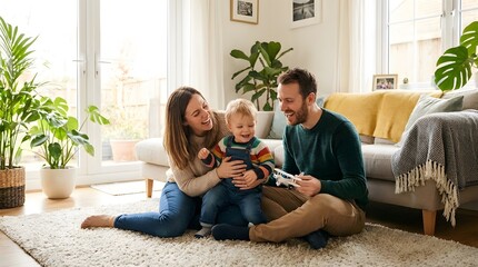 Obraz premium A happy family with a baby is playing together on the floor in their sunlit living room