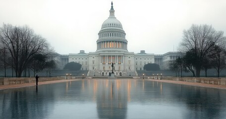 Fototapeta premium neoclassical domed government building at dawn with warm lit windows, reflecting pool, bare winter trees, lone pedestrian and misty serene atmosphere