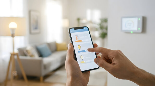 Person using smartphone app to control smart home lighting and temperature in modern living room