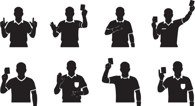 Black Solid Basketball Referee Silhouettes Set of Six on White Background