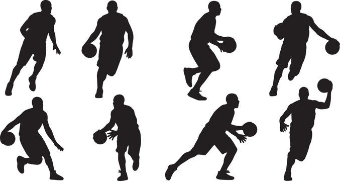 Black Solid Basketball Reverse Layup Silhouettes Set of Six on White Background