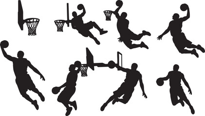 Black Solid Basketball Slam Dunk Silhouettes Set of Six on White Background © AADIL