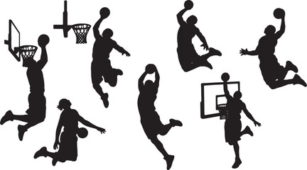 Black Solid Basketball Slam Dunk Silhouettes Set of Six on White Background © AADIL