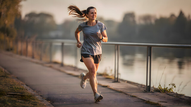 Woman running on sidewalk by water, female athlete jogging along urban coast for healthy lifestyle and morning exercise in nature
