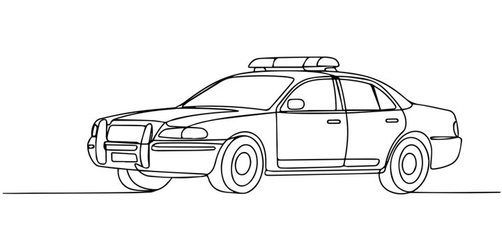 black and white car, Continuous one line drawing of police or cop car with lights and siren on. Police vehicle in single line art illustration. Editable vector, continuous one line drawing Police car