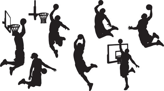 Black Solid Basketball Slam Dunk Silhouettes Set of Six on White Background