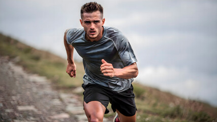 Fototapeta premium Man running down hill with thumb up, happy male athlete jogging in nature and showing positive like gesture for sport and success