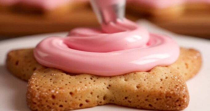 Star-shaped cookie being decorated with pink icing, showcasing a cozy kitchen background