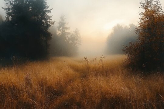 Misty golden meadow at dawn with a narrow path through tall grasses, shadowy trees at the edges and soft hazy light conveying a serene, dreamy calm