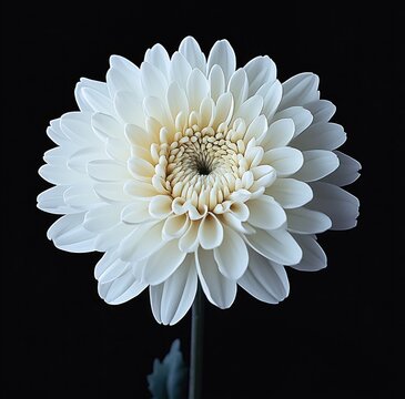 Single white chrysanthemum bloom with layered petals on a black background conveying serene, delicate elegance