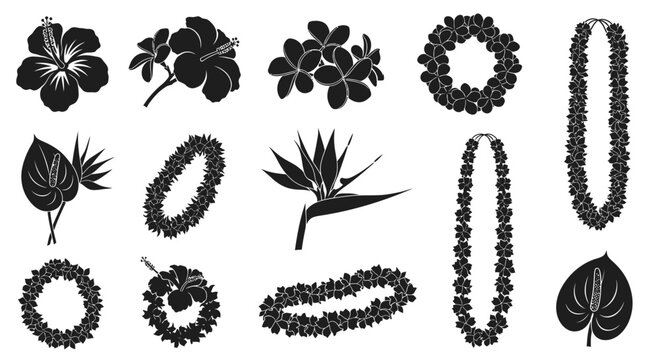 Black silhouette tropical flowers and leis collection