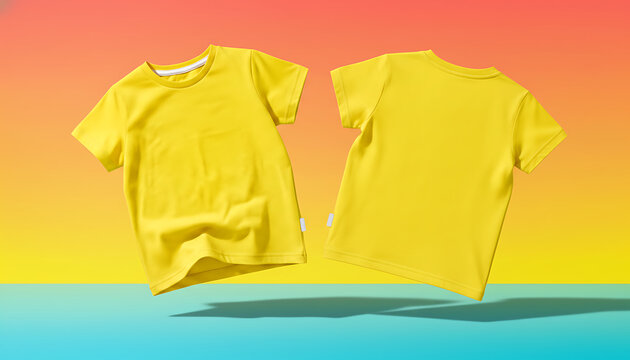 Two bright yellow t-shirts mockup floating against a vibrant gradient background, studio shot, blank tshirt