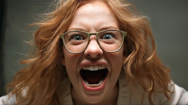 close up portrait of angry caucasian woman with red hair and glasses screaming at camera. intense frustration, stress and madness concept. aggressive facial expression. psychology, mental health blog.